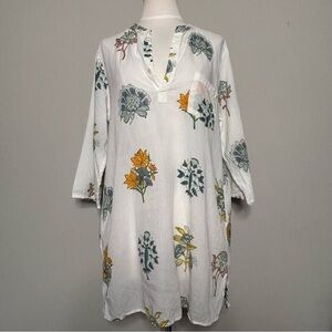 Roberta Roller Rabbit Floral Print White Cotton Tunic Top, Medium